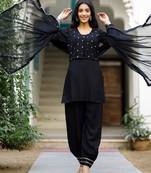 Black Mirror Work Suit Set With Jacket And Potli Heavy Five Piece Suit Set