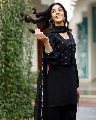 Black Mirror Work Suit Set With Jacket And Potli Heavy Five Piece Suit Set 2