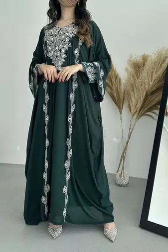 Elegant Dark Green Embroidered stitched Kaftan with Silver Zari Detailing Dresses