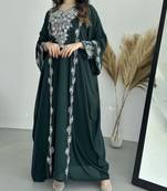 Elegant Dark Green Embroidered stitched Kaftan with Silver Zari Detailing Dresses