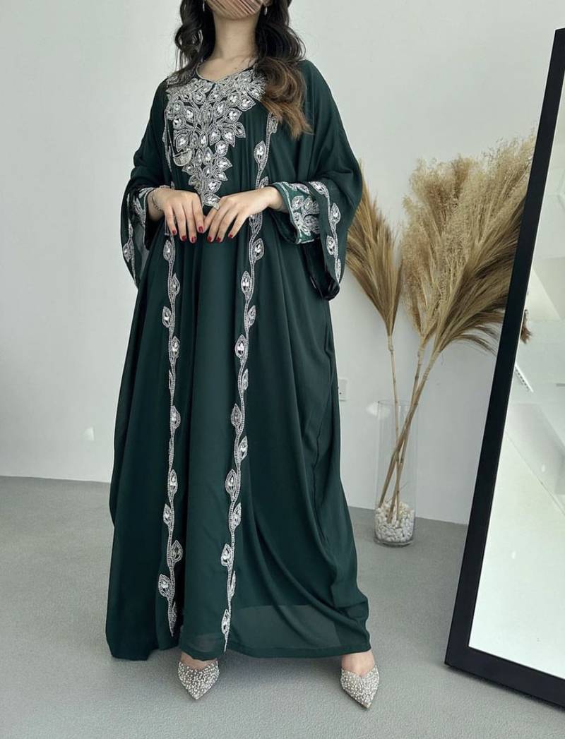 Elegant Dark Green Embroidered stitched Kaftan with Silver Zari Detailing Dresses