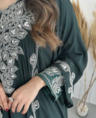 Elegant Dark Green Embroidered stitched Kaftan with Silver Zari Detailing Dresses 2
