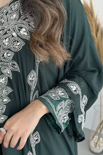 Elegant Dark Green Embroidered stitched Kaftan with Silver Zari Detailing Dresses