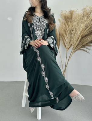 Elegant Dark Green Embroidered stitched Kaftan with Silver Zari Detailing Dresses 3