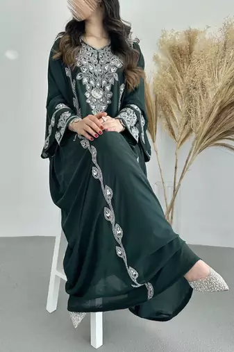 Elegant Dark Green Embroidered stitched Kaftan with Silver Zari Detailing Dresses