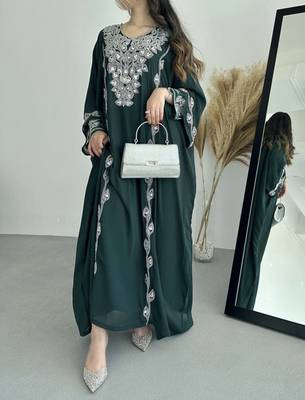 Elegant Dark Green Embroidered stitched Kaftan with Silver Zari Detailing Dresses 4