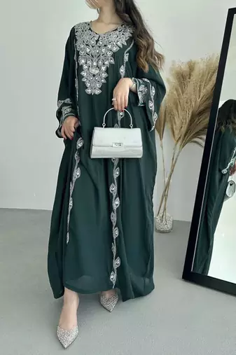 Elegant Dark Green Embroidered stitched Kaftan with Silver Zari Detailing Dresses