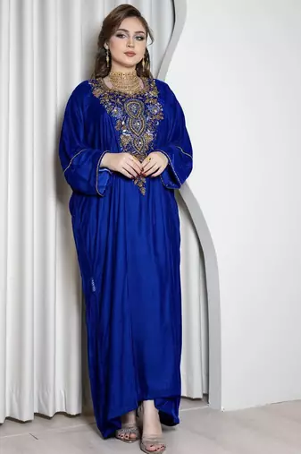 Royal Blue Velvet Kaftan with Zari Golden Embroidery Work Dresses