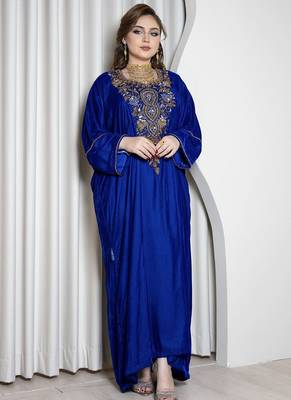 Royal Blue Velvet Kaftan with Zari Golden Embroidery Work Dresses 1