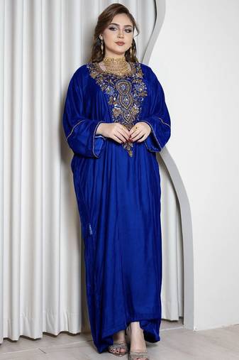 Royal Blue Velvet Kaftan with Zari Golden Embroidery Work Dresses