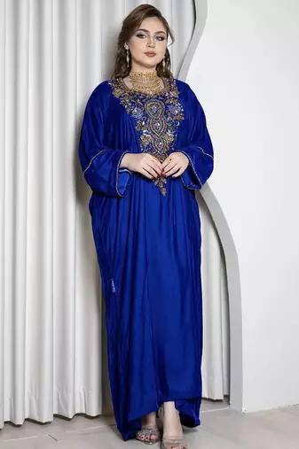 Royal Blue Velvet Kaftan with Zari Golden Embroidery Work Dresses