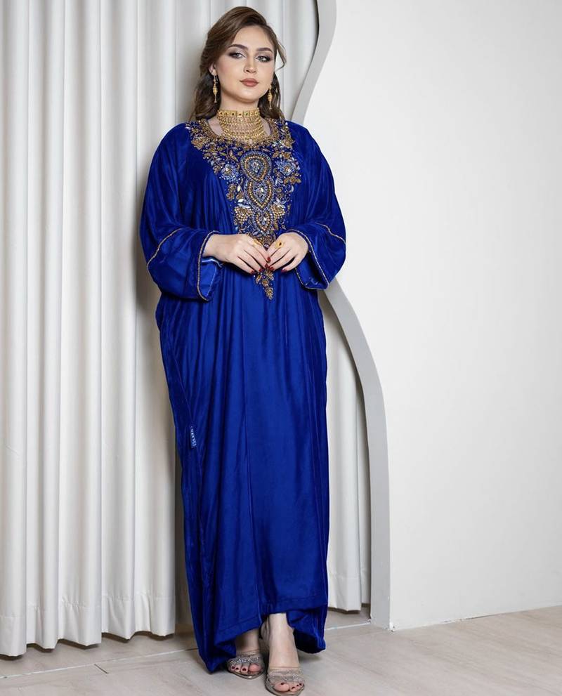 Royal Blue Velvet Kaftan with Zari Golden Embroidery Work Dresses