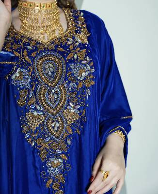 Royal Blue Velvet Kaftan with Zari Golden Embroidery Work Dresses 2
