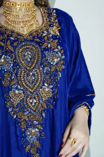 Royal Blue Velvet Kaftan with Zari Golden Embroidery Work Dresses