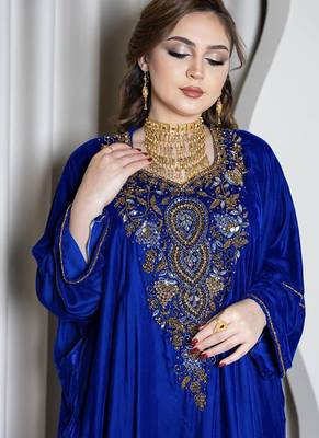 Royal Blue Velvet Kaftan with Zari Golden Embroidery Work Dresses 3