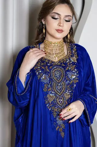 Royal Blue Velvet Kaftan with Zari Golden Embroidery Work Dresses