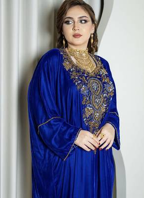 Royal Blue Velvet Kaftan with Zari Golden Embroidery Work Dresses 4
