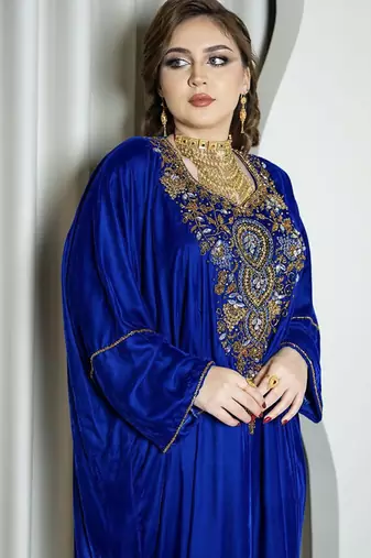 Royal Blue Velvet Kaftan with Zari Golden Embroidery Work Dresses