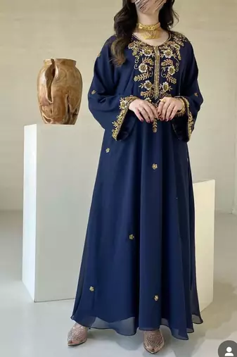 Elegant Navy Blue Kaftan with Golden Zari Work Floral Embroidery Dresses