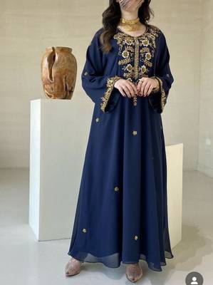 Elegant Navy Blue Kaftan with Golden Zari Work Floral Embroidery Dresses 1