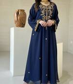 Elegant Navy Blue Kaftan with Golden Zari Work Floral Embroidery Dresses