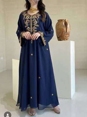 Elegant Navy Blue Kaftan with Golden Zari Work Floral Embroidery Dresses 2