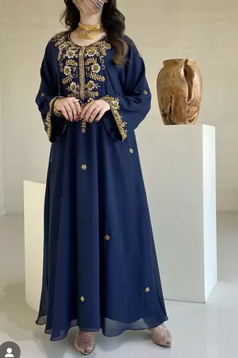 Elegant Navy Blue Kaftan with Golden Zari Work Floral Embroidery Dresses