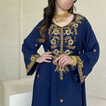 Elegant Navy Blue Kaftan with Golden Zari Work Floral Embroidery Dresses 3