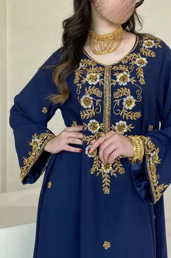 Elegant Navy Blue Kaftan with Golden Zari Work Floral Embroidery Dresses