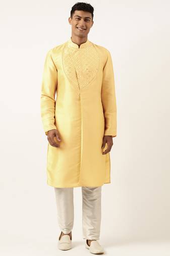 Yellow embroidery angrakha kurta pajama