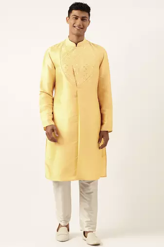 Yellow embroidery angrakha kurta pajama