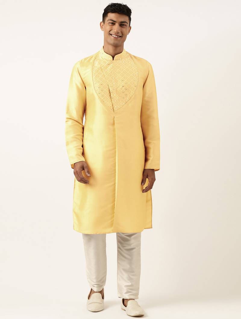 Yellow embroidery angrakha kurta pajama