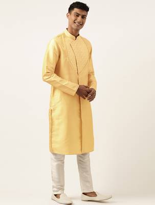 Yellow embroidery angrakha kurta pajama 4
