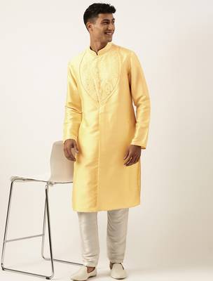 Yellow embroidery angrakha kurta pajama 5