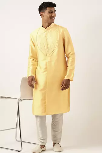 Yellow embroidery angrakha kurta pajama