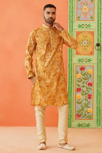 Yellow gold printed kurta pajama