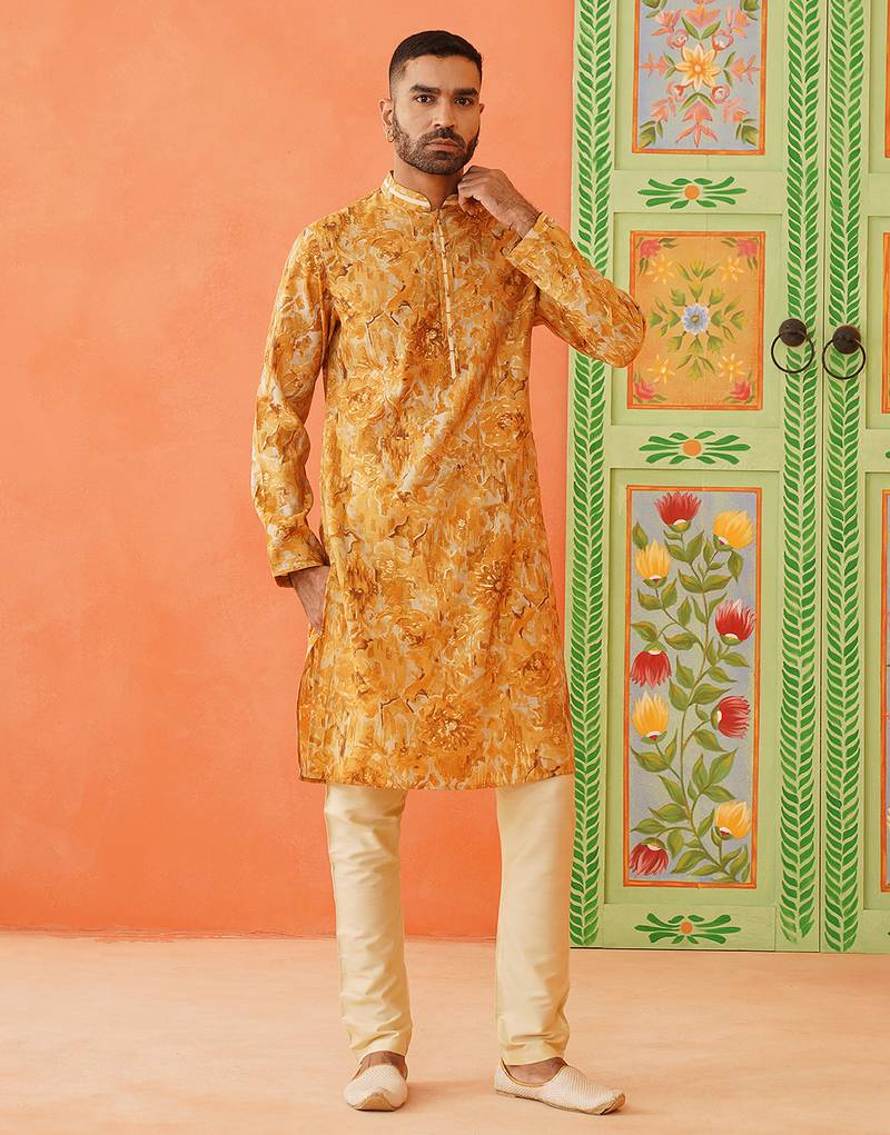 Yellow gold printed kurta pajama