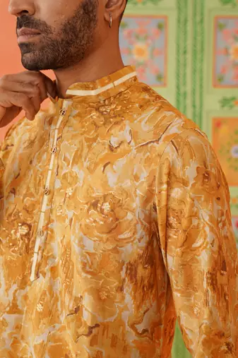 Yellow gold printed kurta pajama