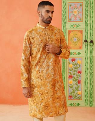 Yellow gold printed kurta pajama 4