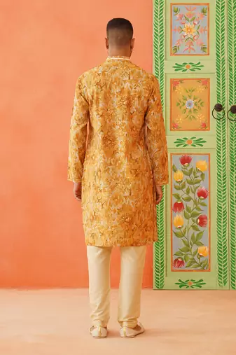 Yellow gold printed kurta pajama