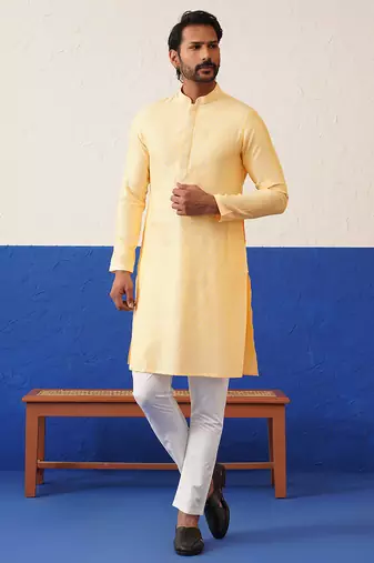 Yellow jacquard embroidered kurta pajama