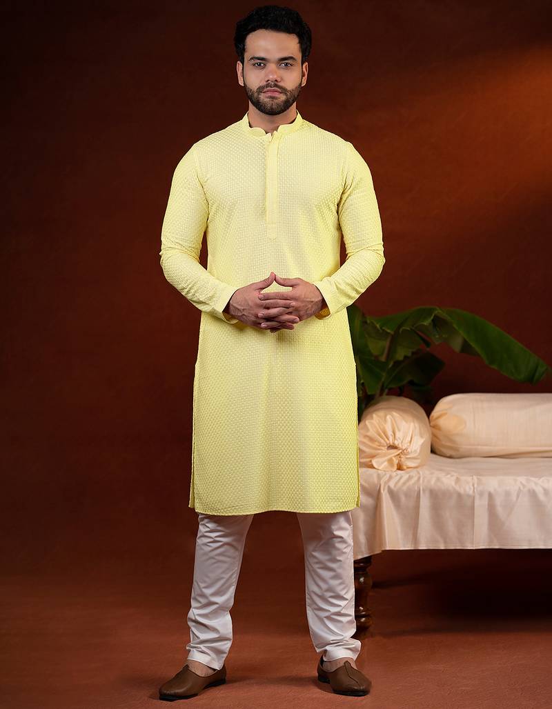 Yellow chikankari kurta pajama