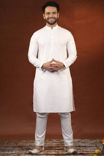 White fine cotton embroidered kurta pajama