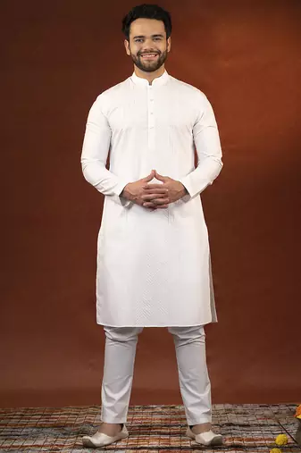 White fine cotton embroidered kurta pajama