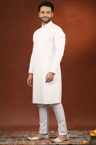 White fine cotton embroidered kurta pajama