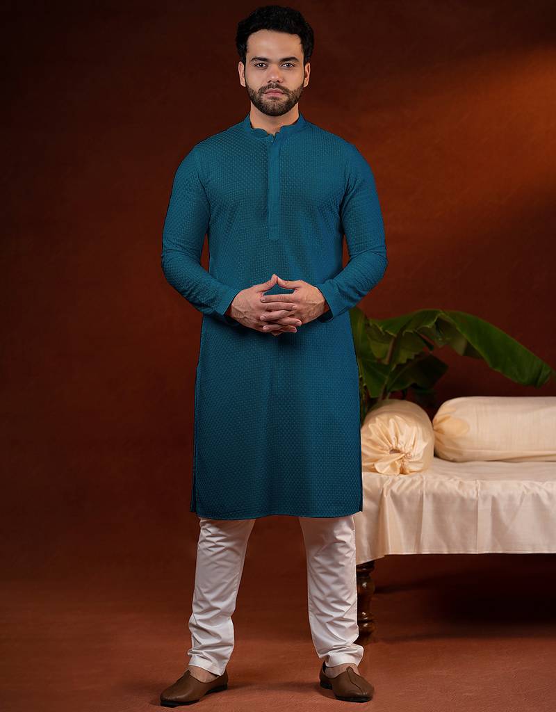 Teal chikankari kurta pajama