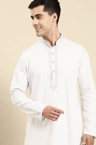 Off white cotton dori embroidered kurta pajama