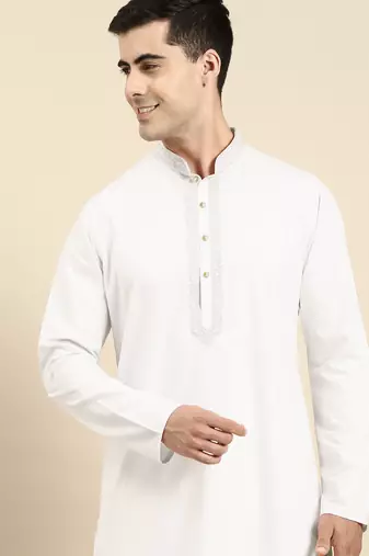 Off white cotton dori embroidered kurta pajama