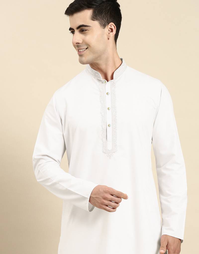 Off white cotton dori embroidered kurta pajama
