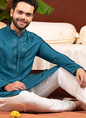 Teal embroidery kurta pajama 4